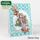 Mermaid card with seashells and fish on a polka dot background, featuring Katy Sue Designs branding.