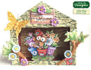 Decorative house-shaped card with owl, flowers, and butterfly design, featuring Katy Sue Designs branding.