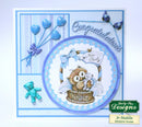Baby shower card with owl and teddy bear design, featuring the brand 'Half Full Designs'.