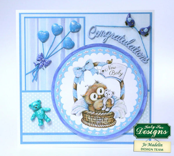 Baby shower card with owl and teddy bear design, featuring the brand 'Half Full Designs'.