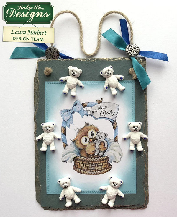 Decorative sign with teddy bears and baby owl illustration, featuring Katy Sue Designs branding.