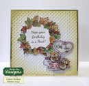 Birthday card with owls, leaves, and 'Hope your Birthday is a Hoot!' text on a textured background.