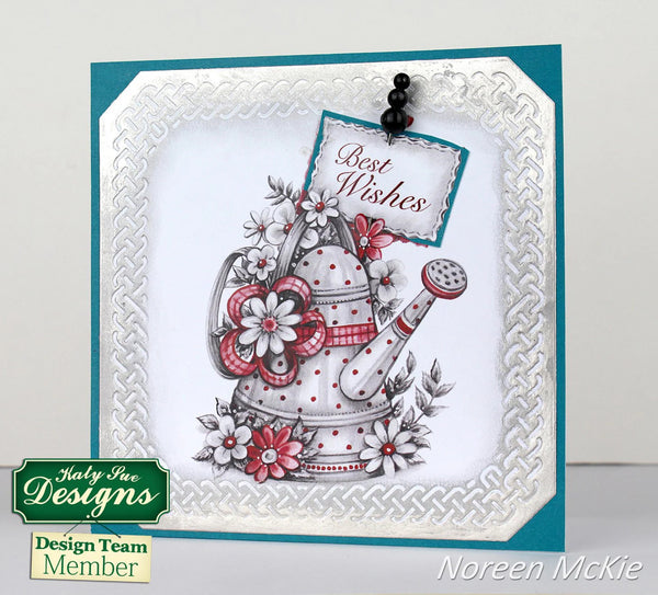 Card with a watering can and flowers design, featuring the text 'Best Wishes'.