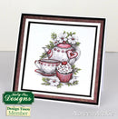 Card with a teapot, cup, and cupcake illustration featuring Katy Sue Designs branding.