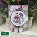 Christmas card with two snowmen and gift boxes, surrounded by decorative plants.