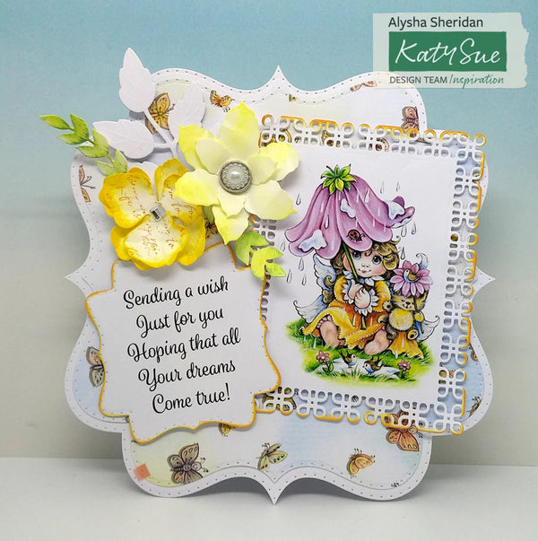 Decorative card with fairy, flowers, and text on a light blue background