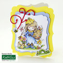 Decorative card with a girl holding a paintbrush, surrounded by nature elements, on a white background.
