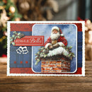Christmas card with Santa Claus on a chimney, 'Jingle Bells' text, and decorative elements.