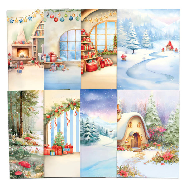 Set of Christmas-themed cards with various winter scenes.