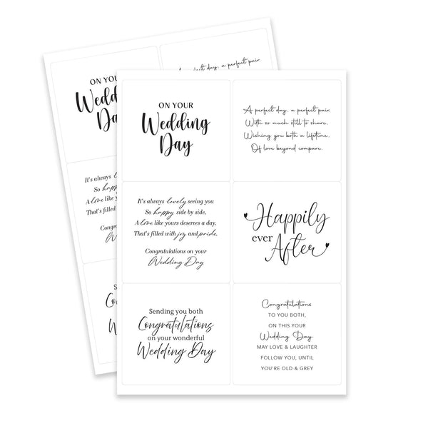Three wedding cards with black text on a white background