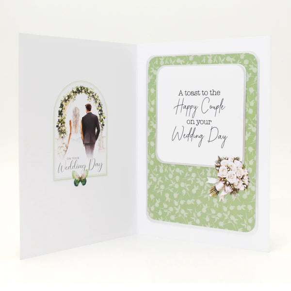 Wedding card with a photo of a couple and floral design on a white background