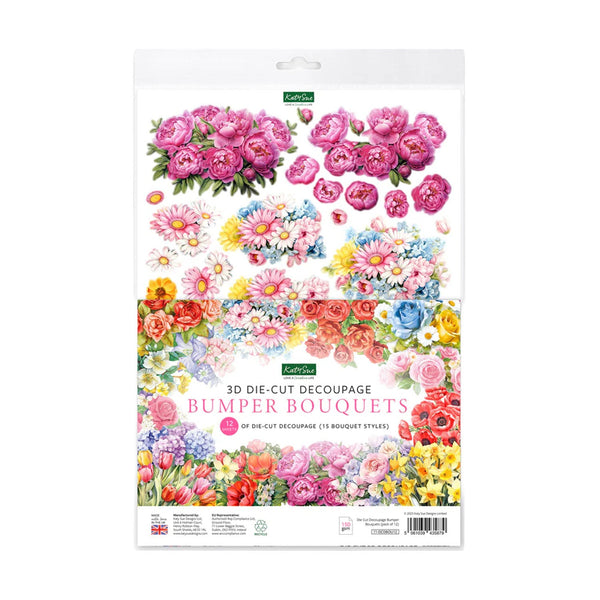 Package of 3D die-cut decoupage bumper bouquets with colorful floral designs on a white background.
