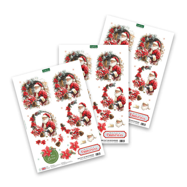 Three sheets of Christmas-themed paper with Santa Claus and wreath designs on a white background.