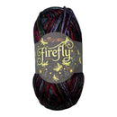 Multicolored skein of yarn with 'King Cole Firefly Aran' label on a white background