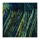 Close-up of multicolored yarn strands in blue, green, and yellow.