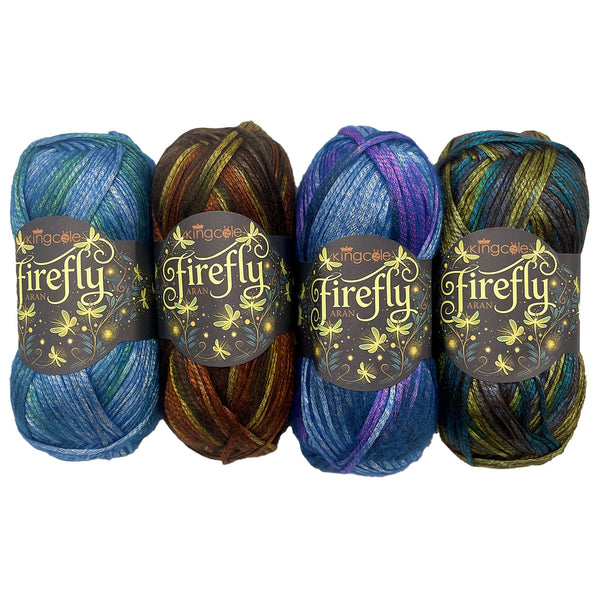 Four skeins of Firefly yarn with labels on a white background