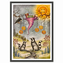 Illustration of raccoons and a witch with a hat in a forest setting, featuring buttons and a moon.