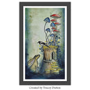 Framed artwork of a rabbit and bird near a mushroom house with colorful mushrooms.