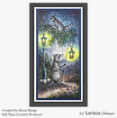 Framed artwork of raccoons with lanterns in a forest setting, created by Mona Hauge for Lavinia Stamps.