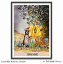 Illustration of a raccoon holding a lantern with birds around, featuring Lavinia Stamps branding.