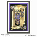 Decorative illustration of vintage clothing in a frame with a purple border, created by Lavinia Stamps.