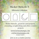 Sticker stencils collection with decorative background and contact information.