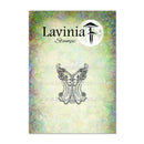 Butterfly stamp design on a colorful background with Lavinia Stamps branding.