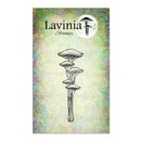 Lavinia Stamps mushroom stamp on a colorful background with brand name and website.