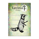 Raccoon illustration on a colorful background with Lavinia Stamps branding.