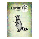 Raccoon illustration on a colorful background with 'Lavinia Stamps' branding.