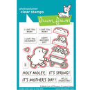 Lawn Fawn photopolymer clear stamps with Mother's Day-themed designs on a blue background