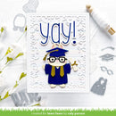 Graduation-themed card with 'yay!' text and decorative elements on a white background.