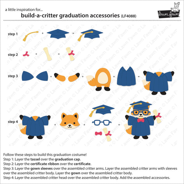 Graduation-themed building blocks with step-by-step instructions on a white background