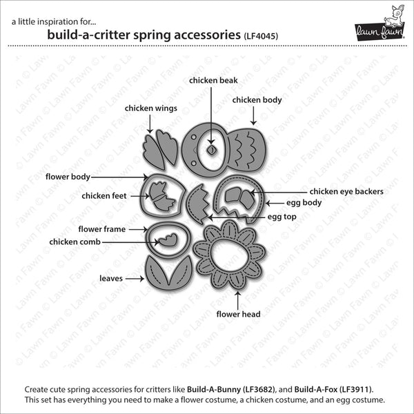 Diagram of build-a-critter spring accessories with labeled parts on a white background.