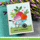 Colorful card with a wheelbarrow of carrots and flowers, featuring the text 'Sending you sunshine!'.