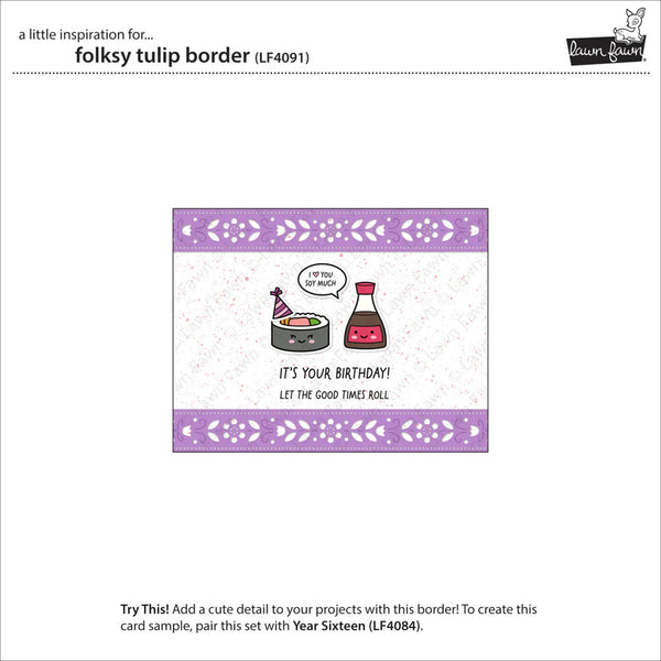 Product packaging for a folksy tulip border with cartoon characters and text on a white background.