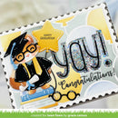Graduation-themed card with a cartoon character, 'Happy Graduation' text, and 'Yay! Congratulations!' message.