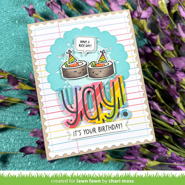 Birthday card with colorful text and cake illustrations on a floral background