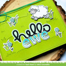 Green card with 'hello ewe' text and sheep illustration on a wooden background
