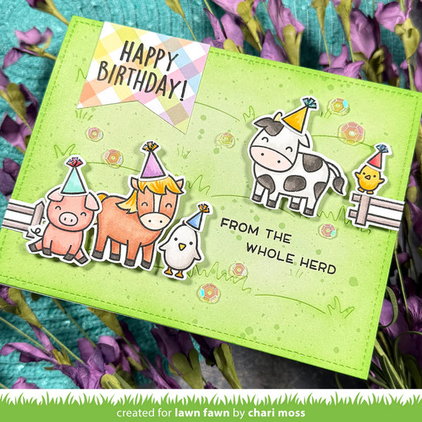 Birthday card with farm animal stickers and 'Happy Birthday! From the whole herd' text on a green background.