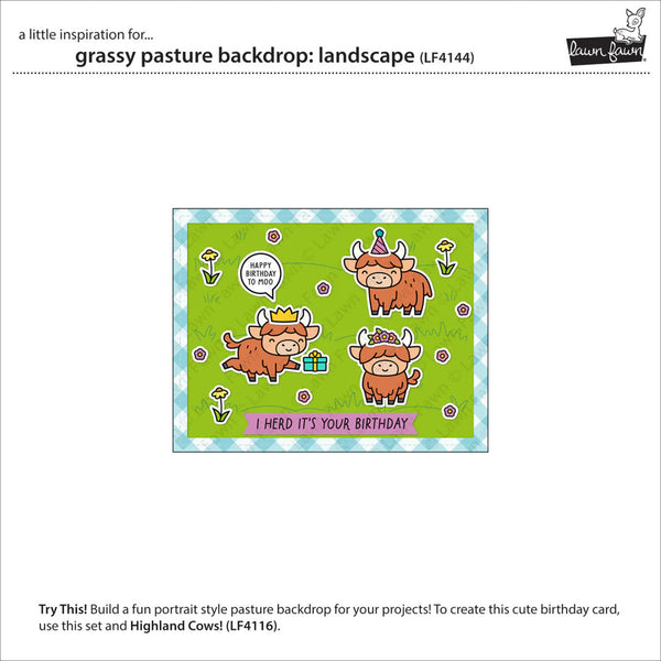 Product packaging for a grassy pasture backdrop with Highland cows design, featuring text and branding.