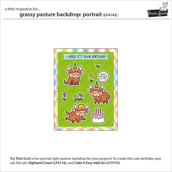 Grassy pasture backdrop with Highland Cow illustrations on a white background