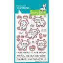 Clear stamps with cow illustrations and text on a blue and white background