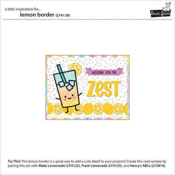Lemon-themed border design with a cute lemonade character and text on a white background.