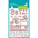 Lawn Fawn clear stamps set with cartoon illustrations and text on a blue and white background