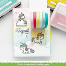 Card with unicorn design and colorful ribbons on a white background