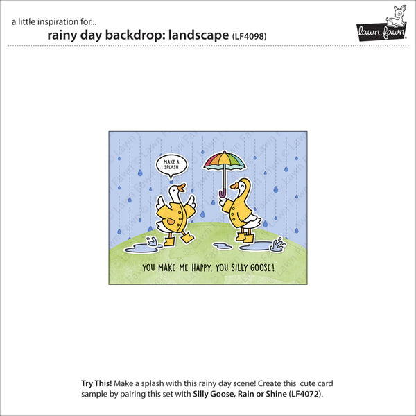 Cartoon of two geese in the rain with an umbrella, with text 'You make me happy, you silly goose!'.