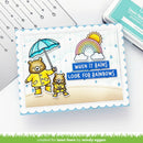 Card with two bears in raincoats and umbrellas, rainbow, and sun with text 'When it rains look for rainbows'.