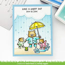 Card with cartoon bears holding hands and an umbrella, text 'Have a happy day rain or shine', on a white background.