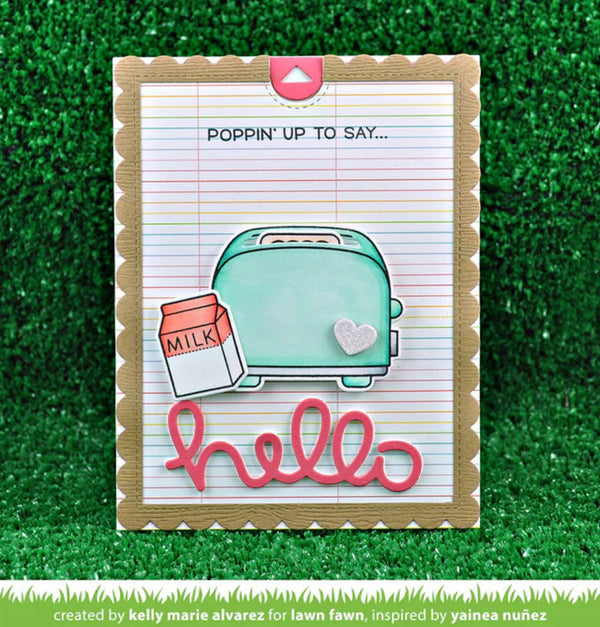 Card with a toaster and milk carton design on lined paper with 'hello' text, against a green grass background.
